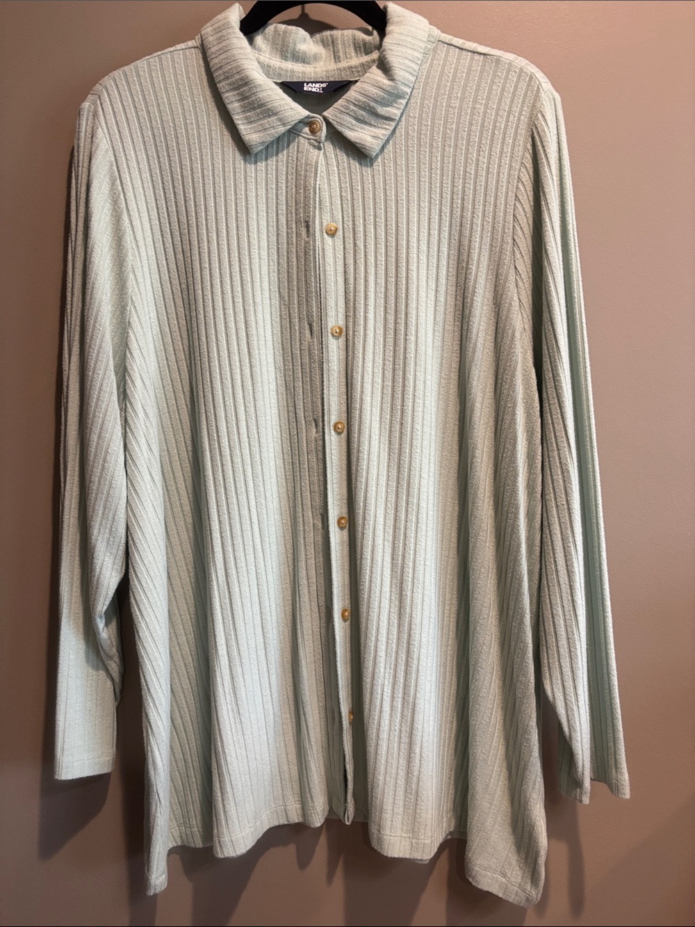 Lands' End Mint Green Ribbed I Button-Front Cardigan